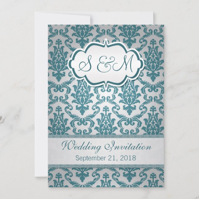 Invitación Damasco verde azulado en la boda de plata del (Anverso)