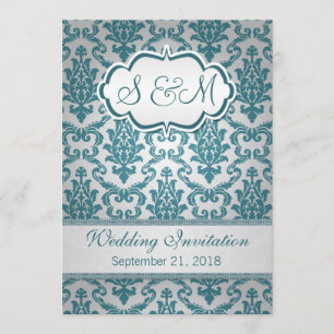 Invitación Damasco verde azulado en la boda de plata del