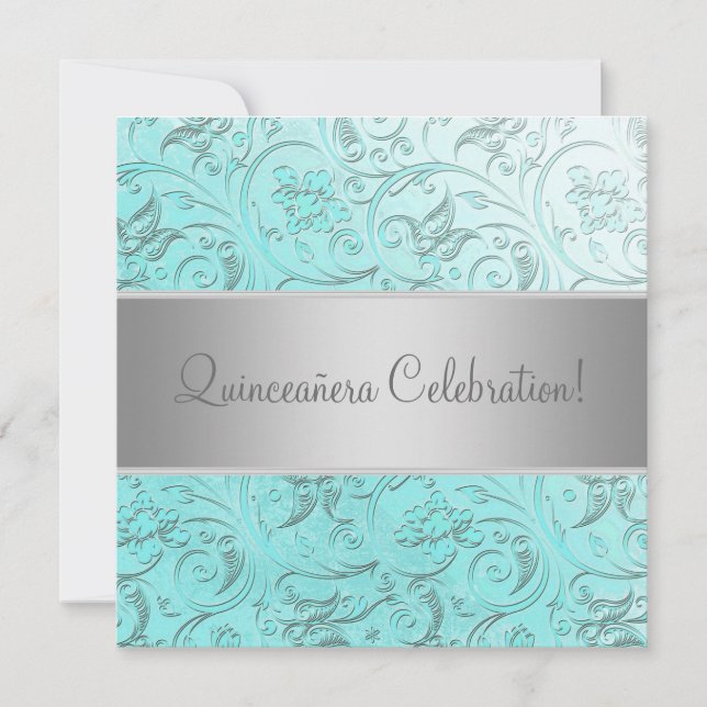 Invitación Damasco verde azulado Quinceanera (Anverso)