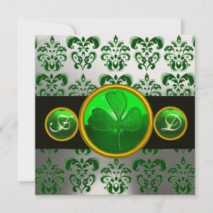 INVITACIÓN DAMASCO VERDE BLANCO ,MONOGRAMA DE TRÉBOL DE CUATR