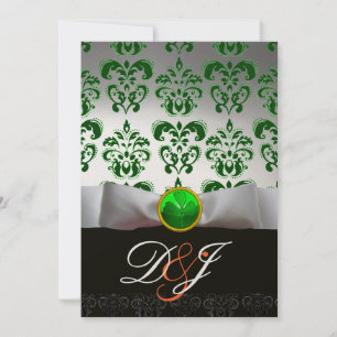 INVITACIÓN DAMASCO VERDE BLANCO & MONOGRAMA DE TREBOL DE ORO