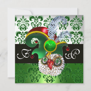 INVITACIÓN DAMASCO VERDE , BÚHO JOYA , SOMBRERO DUENDE , PLUM