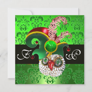 INVITACIÓN DAMASCO VERDE, BÚHO JOYA, SOMBRERO DUENDE, PLUMAS 