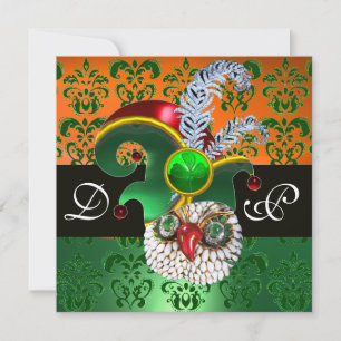INVITACIÓN DAMASCO VERDE, BÚHO JOYA, SOMBRERO DUENDE, PLUMAS 