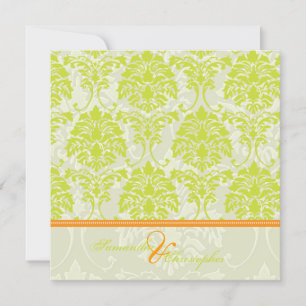 Invitación Damasco verde cal con acento marfileño/naranja
