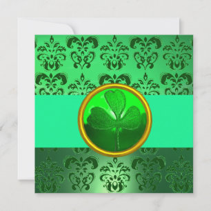 Invitación DAMASCO VERDE CON TRÉBOL DE CUATRO HOJAS, negro