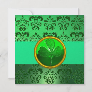 Invitación DAMASCO VERDE CON TRÉBOL DE CUATRO HOJAS, negro Or