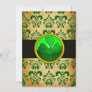 Invitación DAMASCO VERDE MARRÓN PARCHEMINO CON TREBOL Negro