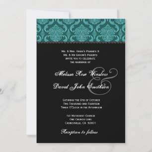 Invitación Damasco verde Verde azulado y Boda negro Ver2