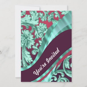 Invitación damasco verde verde azulado y magenta