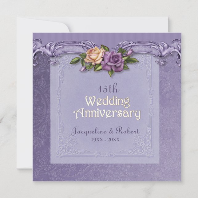 Invitación Damasco y Rosas Purple 15º aniversario de Boda (Anverso)