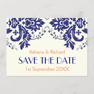 Invitación Damask azul marino, coral boda Save the Date