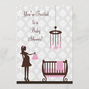 Invitación Damask Baby Shower : Chica :Invitación
