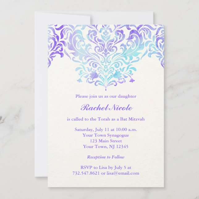 Invitación Damask Bat Mitzvah color turquesa y morado de agua (Anverso)