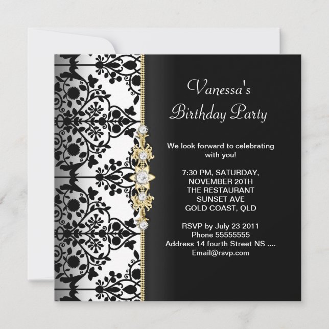 Invitación Damask Birday Party Gold Black Floral (Anverso)