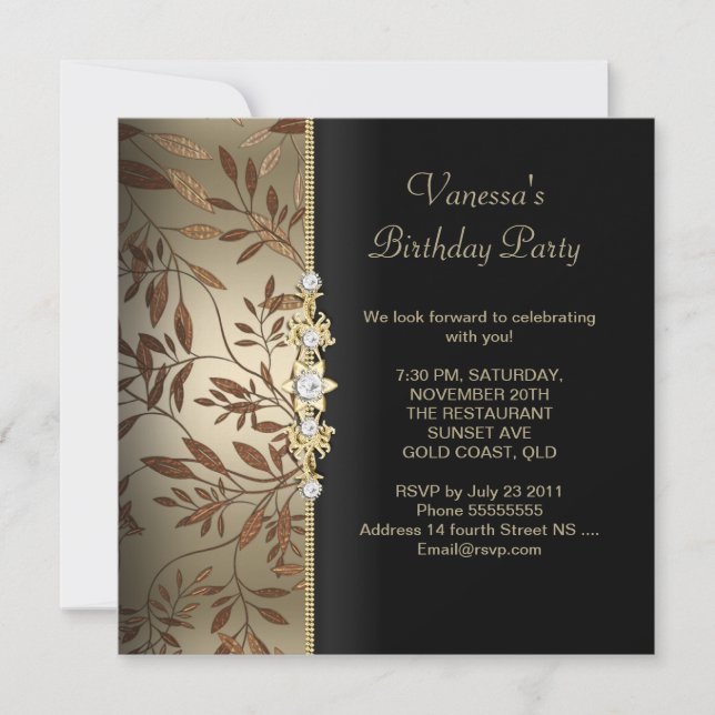 Invitación Damask Birday Party Gold Black Floral Brown (Anverso)