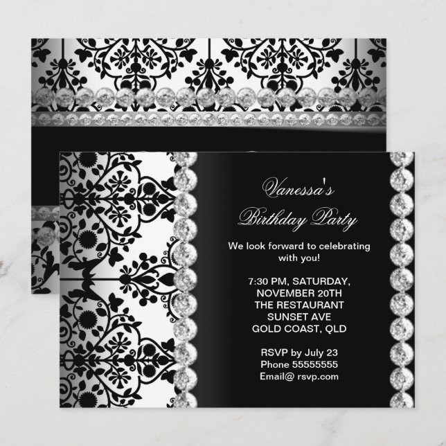 Invitación Damask Birday Party Silver Black Floral blanca (Anverso / Reverso)