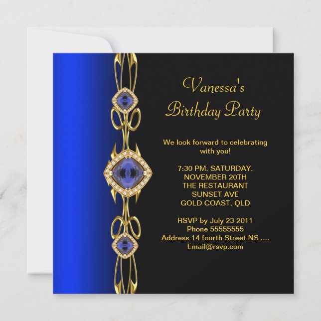 Invitación Damask Birthday Party Colbalt Blue Gold Black (Anverso)