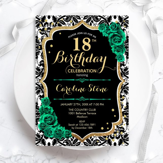 Invitación Damask Black Gold Green Rosas 18 cumpleaños (Subido por el creador)