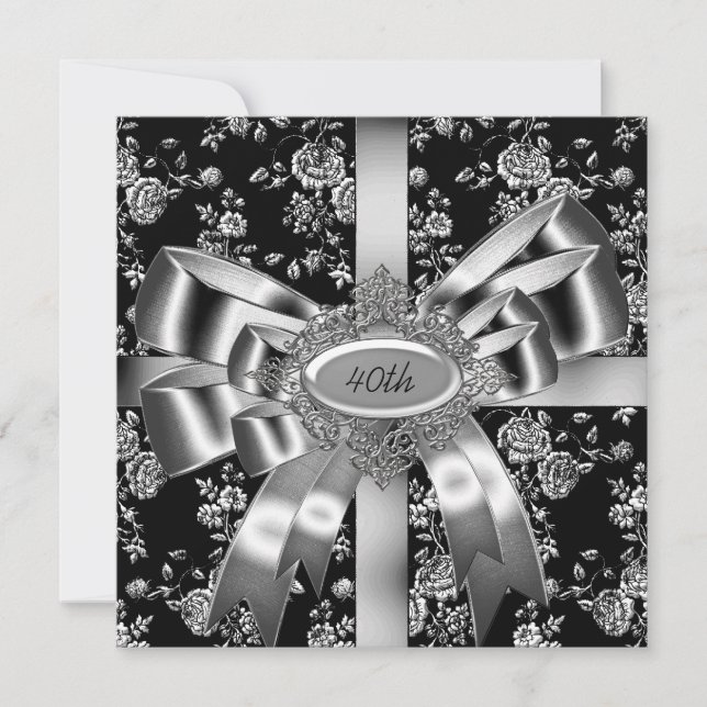Invitación Damask Black Jewel Silver Bow 40 (Anverso)