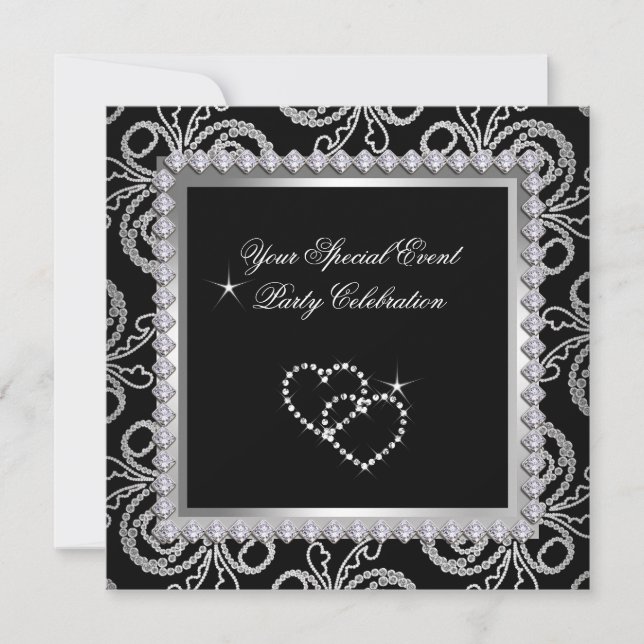 Invitación Damask Black Silver Diamonds Heart Fiesta (Anverso)