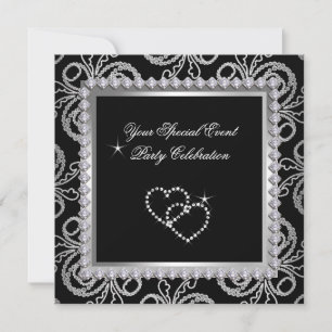 Invitación Damask Black Silver Diamonds Heart Fiesta