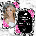 Invitación Damask Black Silver foto rosa 50 cumpleaños<br><div class="desc">Elegante invitación de 50 años floral femenina con tu foto al fondo de la tarjeta. Diseño de color rosa negro brillante con una falsa plata purpurina. Presenta un patrón de damasco en blanco y negro, rosas rosas rosas rosas rosadas, tipo de letra de guión y confeti. Perfecto para un elegante...</div>