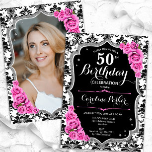 Invitación Damask Black Silver foto rosa 50 cumpleaños