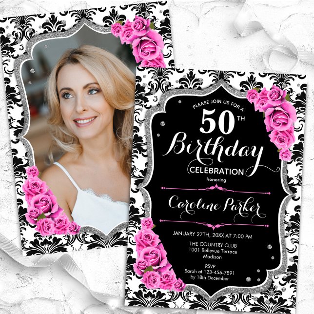 Invitación Damask Black Silver foto rosa 50 cumpleaños (Subido por el creador)
