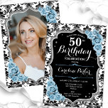 Invitación Damask Black Silver Royal Blue Photo 50 cumpleaños<br><div class="desc">Elegante invitación de 50 años floral femenina con tu foto al fondo de la tarjeta. Diseño azul polvoriento y blanco brillante con una falsa plata purpurina. Presenta un patrón de damasco en blanco y negro, rosas en azul claro, fuente de guión y confeti. Perfecto para un elegante fiesta de celebración...</div>
