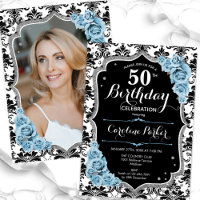 Damask Black Silver Royal Blue Photo 50 cumpleaños