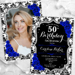 Invitación Damask Black Silver Royal Blue Photo 50 cumpleaños<br><div class="desc">Elegante invitación de 50 años floral femenina con tu foto al fondo de la tarjeta. Diseño azul real de color blanco brillante con una falsa plata purpurina. Presenta un patrón de damasco blanco y negro, rosas azules de zafiro, fuente de guión y confeti. Perfecto para un elegante fiesta de celebración...</div>