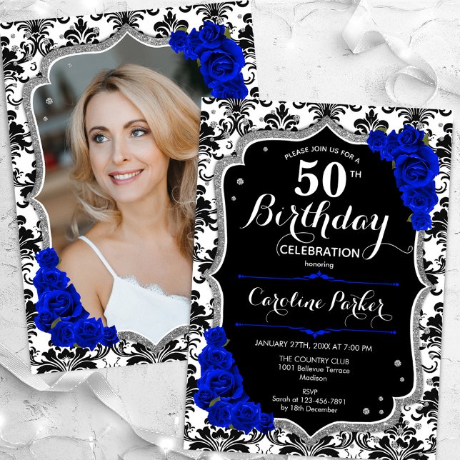 Invitación Damask Black Silver Royal Blue Photo 50 cumpleaños (Subido por el creador)