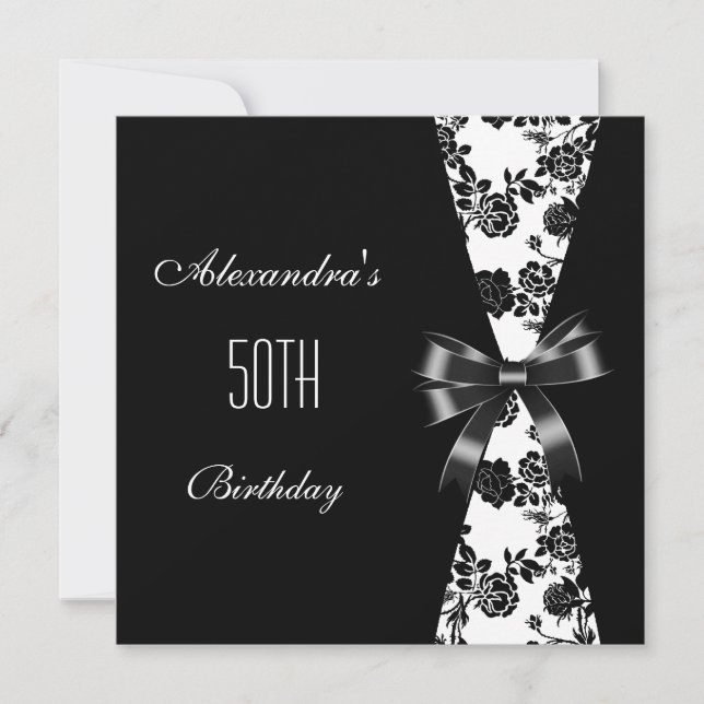 Invitación Damask Black White 50th Birthday Invitation Floral (Anverso)