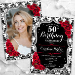 Invitación Damask Black White Silver Red Photo 50 cumpleaños<br><div class="desc">Elegante invitación de 50 años floral femenina con tu foto al fondo de la tarjeta. Diseño rojo blanco y negro de cristal con plata falsa purpurina. Presenta un patrón de damasco blanco y negro, rosas rojas, fuente de guión y confeti. Perfecto para un elegante fiesta de celebración de cumpleaños. Personaliza...</div>