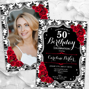 Invitación Damask Black White Silver Red Photo 50 cumpleaños