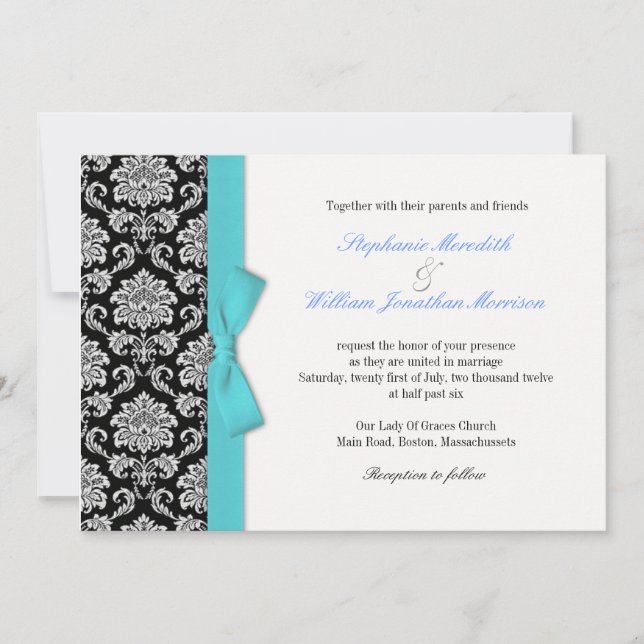 Invitación Damask Blue Bow Wedding Invitation (Anverso)