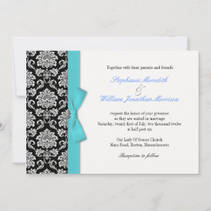 Invitación Damask Blue Bow Wedding Invitation