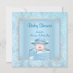 Invitación Damask Boy Baby Shower Blue White Floral