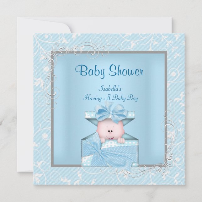 Invitación Damask Boy Baby Shower Blue White Floral (Anverso)