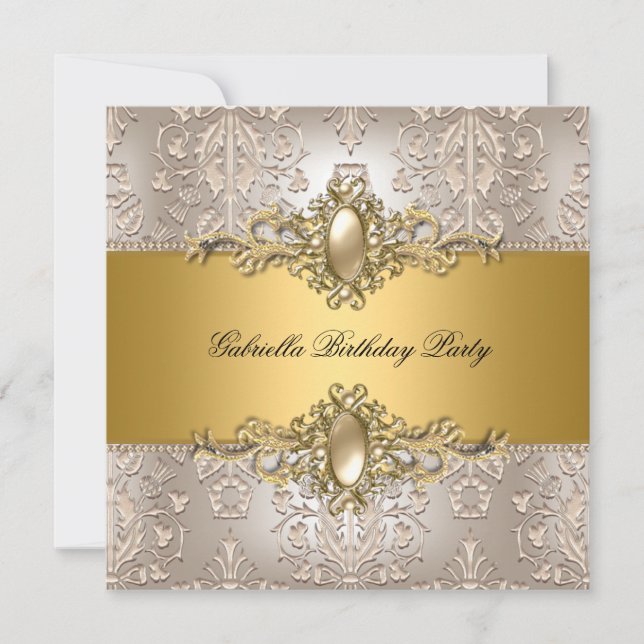 Invitación Damask Cream Gold Birthday Party Pearl (Anverso)