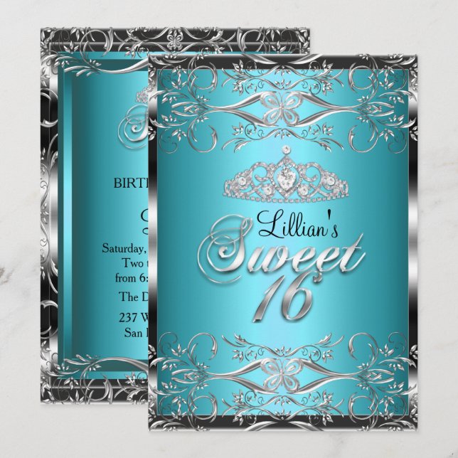 Invitación Damask & Diamond Tiara Azul Plata Cumpl (Anverso / Reverso)
