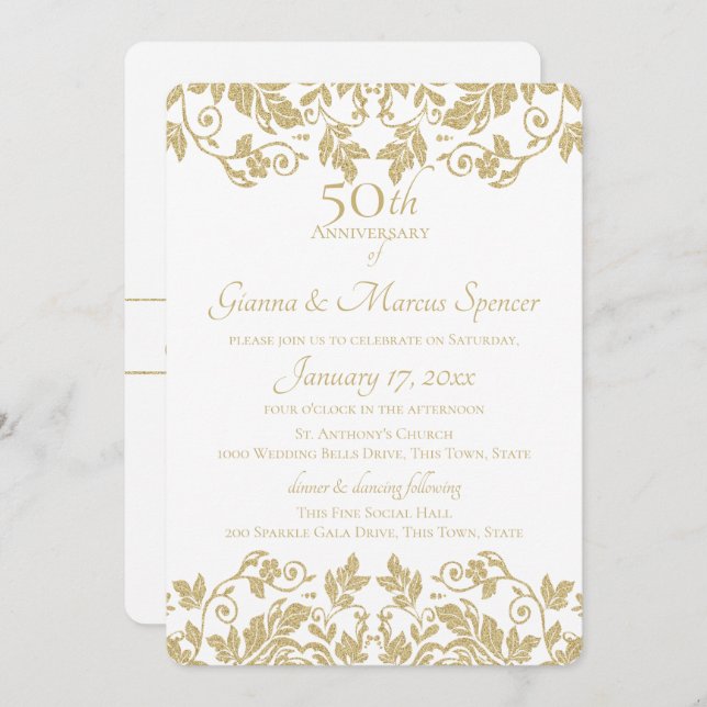Invitación Damask dorado 50 aniversario (Anverso / Reverso)