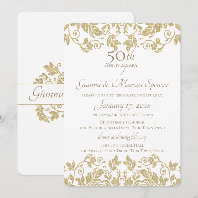 Invitación Damask dorado 50 aniversario (Anverso / Reverso)