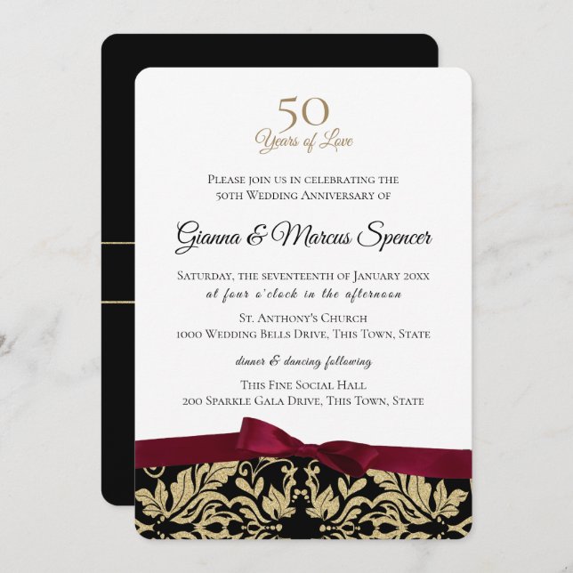 Invitación Damask dorado 50 aniversario (Anverso / Reverso)