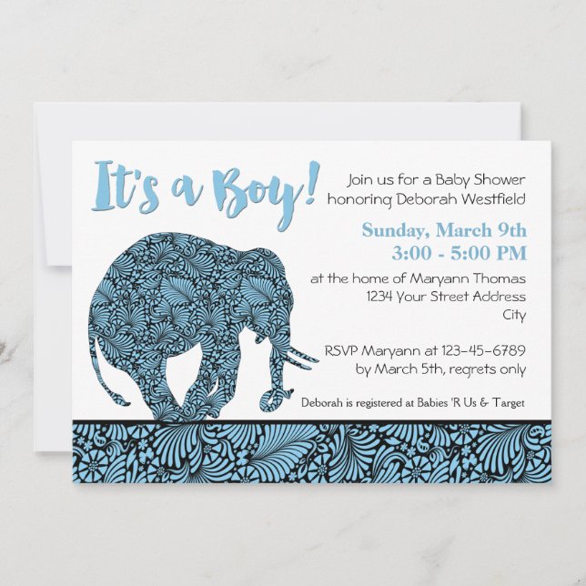Invitación Damask Elephant Boy Baby Shower (Anverso)