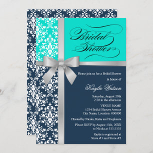 Invitación Damask Faux Silver Cinta de la Marina Aqua Bridal 