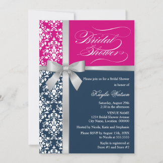 Invitación Damask Faux Silver Cinta de la Marina de Novias Ro