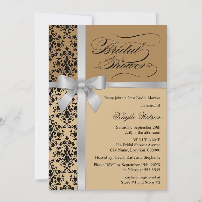Invitación Damask Faux Silver Ribbon Autumn Bridal Shower (Anverso)