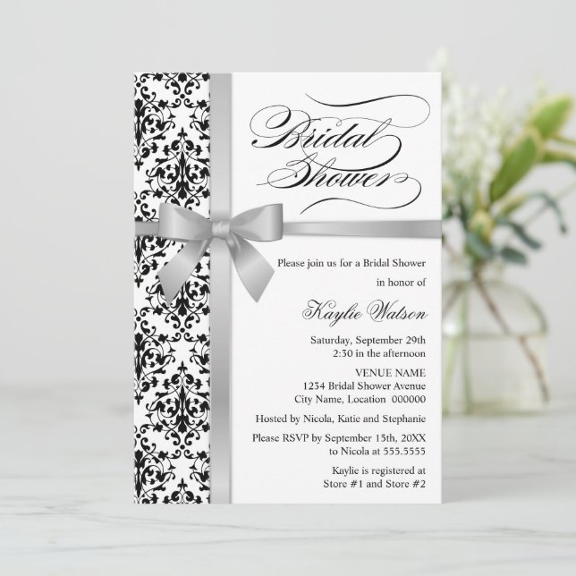Invitación Damask Faux Silver Ribbon Bribon Shower (Anverso de pie)